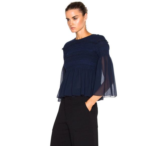 See By Chloe Dark Navy Peasant Top Sheer Sleeves Smocked Bodice Boho Sz 4 - Picture 9 of 13